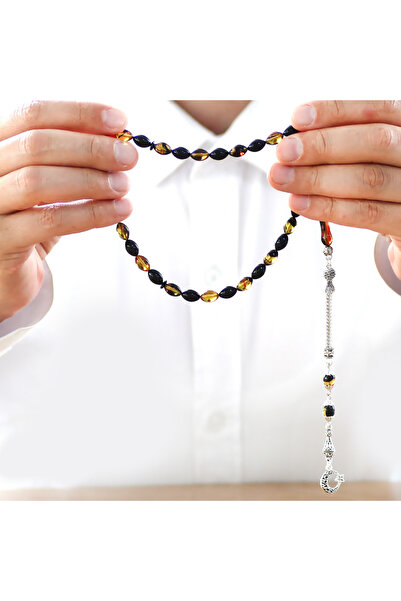 Tesbihane Ayyıldız Kararmaz Metal Püsküllü Arpa Kesim Bala-siyah Ateş Kehribar Tesbih