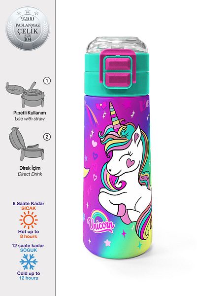 Coral High Lavender Water Green Unicorn Patterned Straw and Direct Drinking Steel Thermos 500 ml 31937