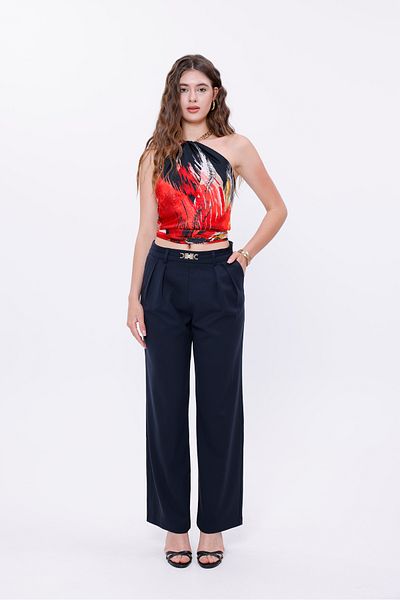 LA PANTE Palazzo Navy Blue Women's Trousers with Gold Buckle