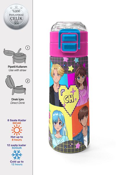 Coral High Kids Gray Blue Pink Anime Patterned Steel Thermos with Straw and Direct Drinking 500 ml 31943