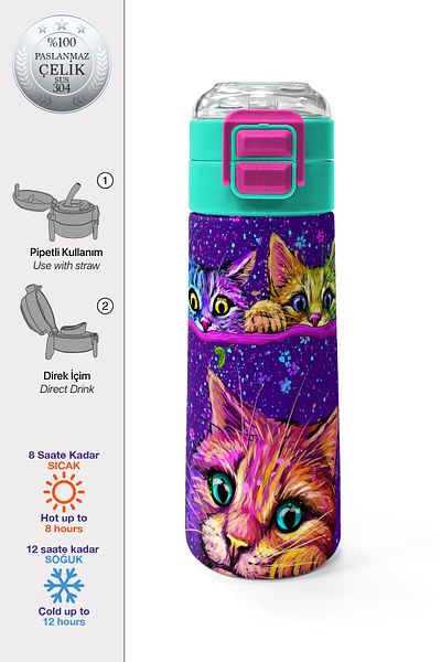 Coral High Kids Purple Pink Cat Patterned Steel Thermos with Straw and Direct Drinking 500 ml 31939