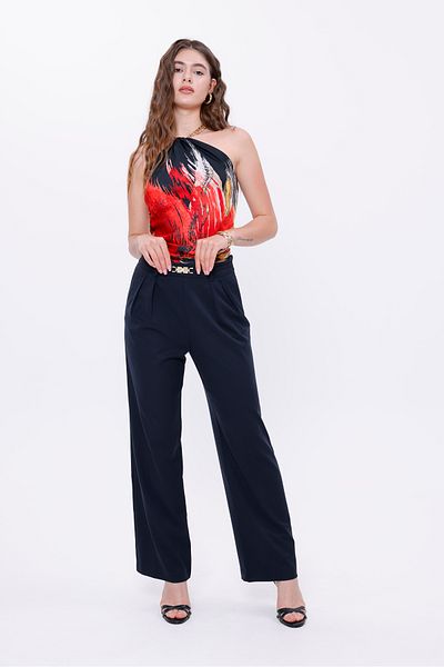 LA PANTE Palazzo Navy Blue Women's Trousers with Gold Buckle
