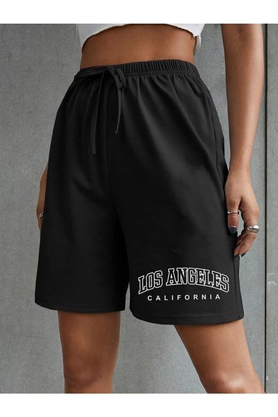 DUBU BUTİK Black Short Shorts - Combed Cotton Los Angeles Printed Corded
