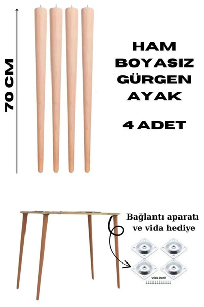 Ema orman 70 cm ahşap masa ayağı konik ham 4 adet aparat dahil