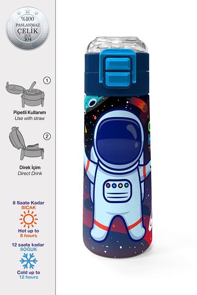 Coral High Kids Saks Blue Astronaut Patterned Steel Thermos with Straw and Direct Drinking 500 ml 31933
