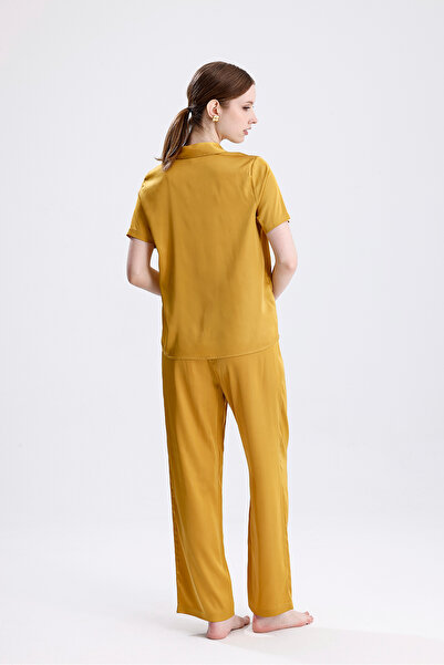 Laperissa Women's Short Sleeve Front Button Lycra Mustard Color Summer Pajama Set