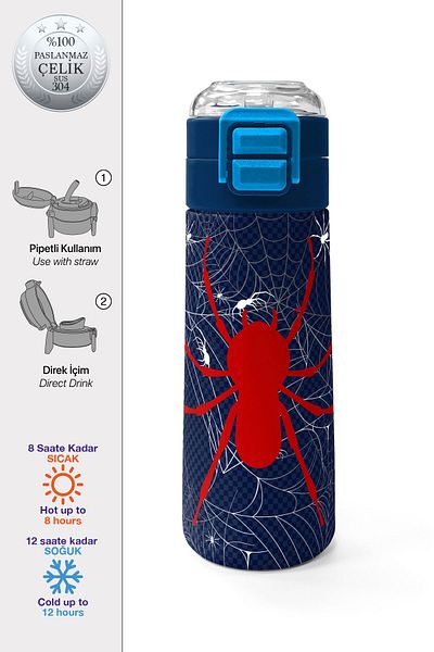 Coral High Kids Navy Blue Red Spider Patterned Steel Thermos with Straw and Direct Drinking 500 ml 31931