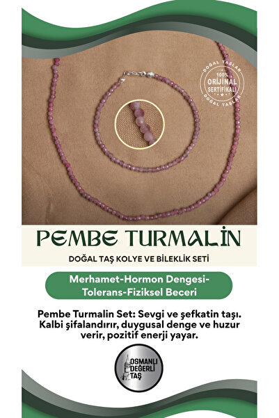 OSMANLI DEĞERLİ TAŞ Sertifikalı Pembe Turmalin Doğal Taş Kolye ve Bileklik Seti