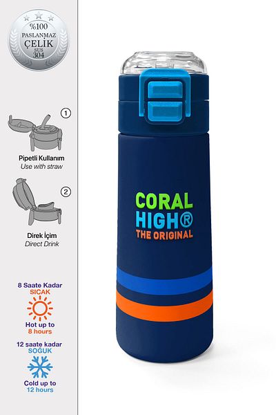 Coral High Kids Navy Blue Straw and Direct Drinking Steel Thermos 500 ml 31928