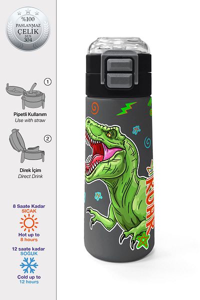 Coral High Kids Black Gray Dinosaur Patterned Steel Thermos with Straw and Direct Drinking 500 ml 31946
