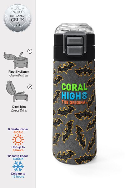 Coral High Kids Gray Mustard Bat Patterned Straw and Direct Drinking Steel Thermos 500 ml 31932