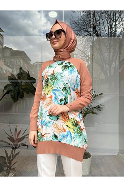 Invee Önü Desenli Kadın Triko Tunik Bej