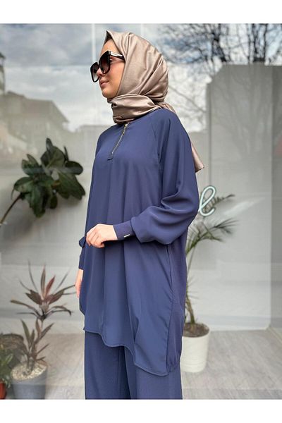 Invee Indigo Chiffon Tunic - Πλεκτό γιακά, μανίκια με φερμουάρ