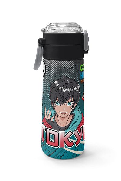 Coral High Kids Gray Nefti Anime Motorcycle Patterned Steel Thermos with Straw and Direct Drinking 500 ml 31965