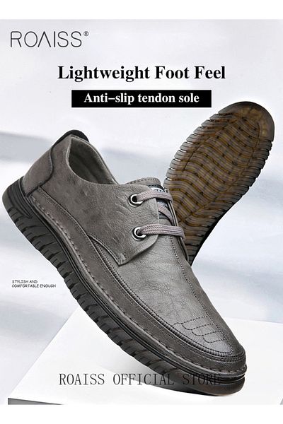 ROAISS Men Business Casual Shoes Genuine Leather Shoes with Crocodile Pattern Slip Resistant Soft Sole Lace