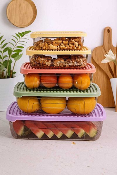 DOWRY STİL Eco 5-Piece Rectangular Food Storage Container Set 5 Colors Elegant