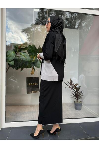 Invee Yanları Renkli Etek Üstü Triko Tunik Siyah