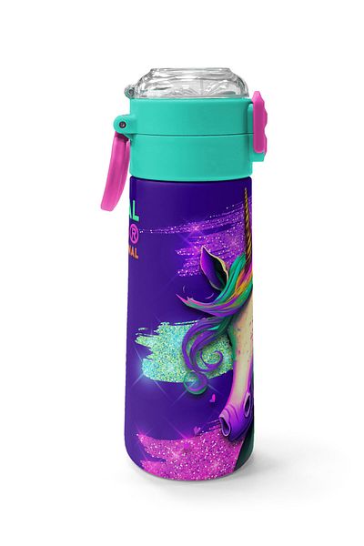 Coral High Kids Pink Water Green Unicorn Patterned Steel Thermos with Straw and Direct Drinking 500 ml 31959