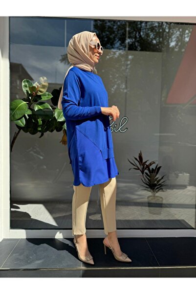 Invee Saks Blue Chiffon Bottom Knitwear Women's Tunic