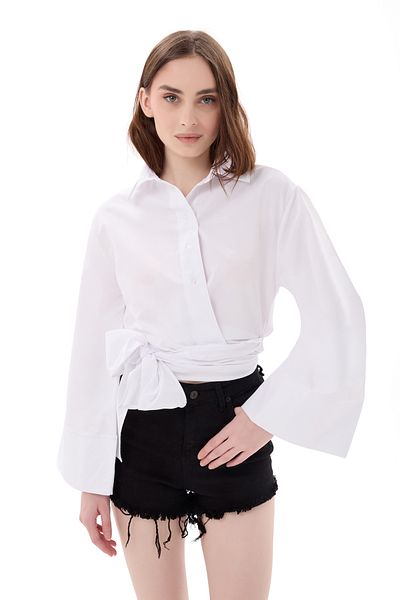 vesantia Women's White Spanish Sleeve Side Tie Shirt