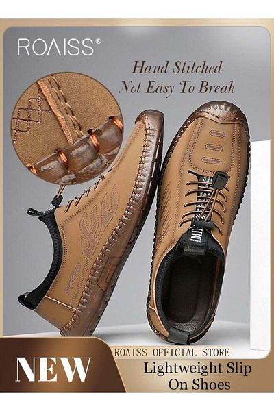 ROAISS New Mens Casual Drawstring Non-slip Soft Sole Flat Shoes Fashion Round Toe Shoes Daily Hand Stitched