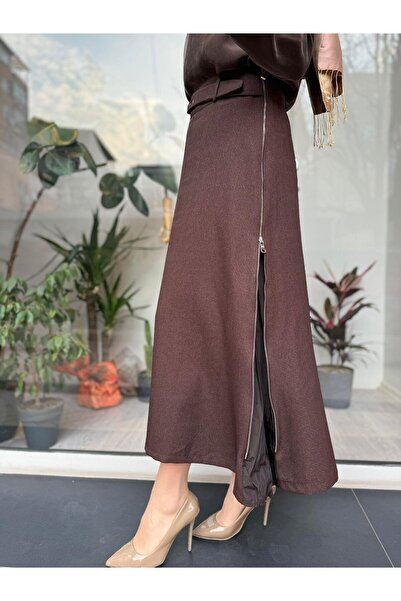 MissWhence Γυναικεία υφασμένη φούστα σε χρώμα καφέ - Λεπτομέρεια με φερμουάρ και πιέτες