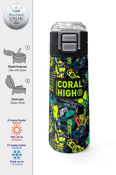 Coral High Kids Nefti Black Repair Set Patterned Straw and Direct Drinking Steel Thermos 500 ml 31974