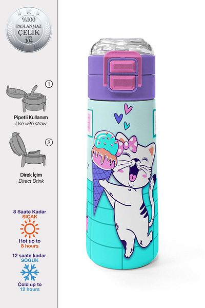 Coral High Kids Turquoise Pink Ice Cream Patterned Straw and Direct Drinking Steel Thermos 500 ml 31952