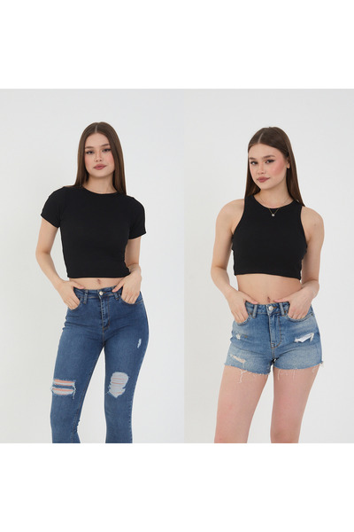 Wearflawless 2-Piece Ribbed Short Sleeve and Strap Black Crop Blouse