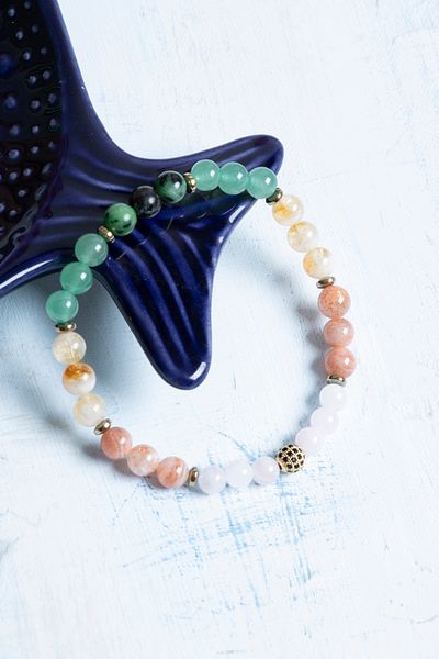 Deniz Doğal Taş Certified Aventurine, Citrine, Pink Quartz, Sunstone and Anyolite Gemini Bracelet