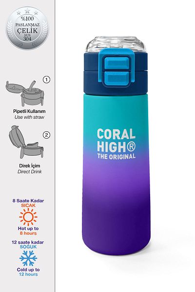 Coral High Kids Purple Color Changing Patterned Straw and Direct Drinking Steel Thermos 500 ml 31964