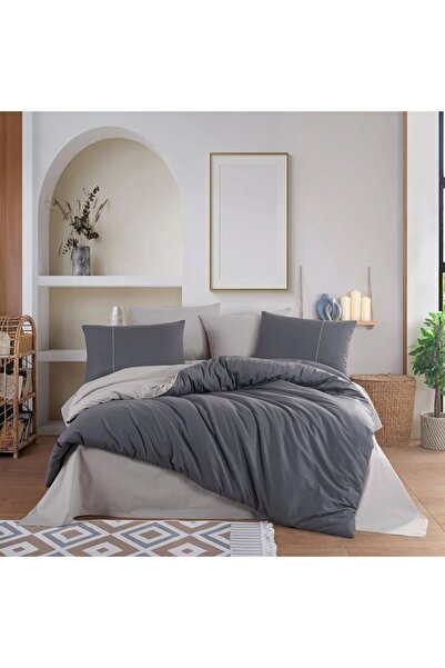 Hobby Double Hobby Di̇amont Anthracite -Beige Poplin Bedding Set