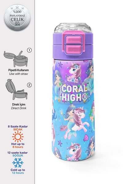 Coral High Kids Pink Unicorn Mermaid Patterned Straw and Direct Drinking Steel Thermos 500 ml 31982