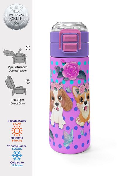 Coral High Kids Pink Dog Patterned Steel Thermos with Straw and Direct Drinking 500 ml 31951