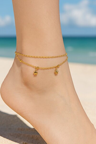 X-Lady Accessories Altın Renk Yıldız Model Singapur Ve Top Zincir Çelik Halhal - 3250