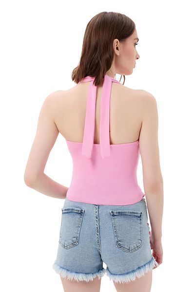 vesantia Γυναικεία αγκράφα Candy Pink Αμάνικη πλεκτή μπλούζα από βισκόζη με μπλουζάκια