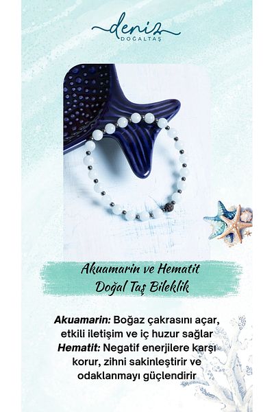 Deniz Doğal Taş Certified Aquamarine and Hematite Natural Stone Bracelet