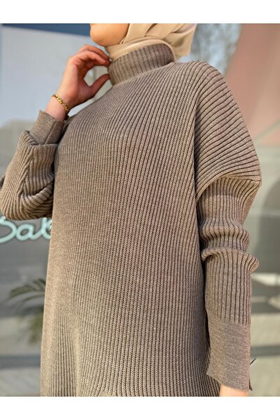 Invee Balıkcı Yaka Yırtmaçlı Uzun Triko Kadın Tunik Koyu Bej