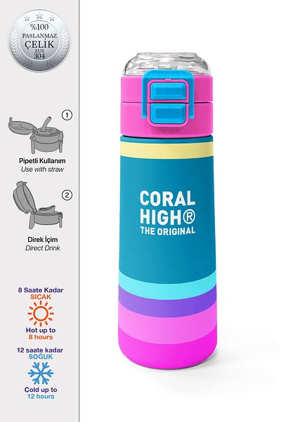 Coral High Kids Pink Pastel Colored Straw and Direct Drinking Steel Thermos 500 ml 31960