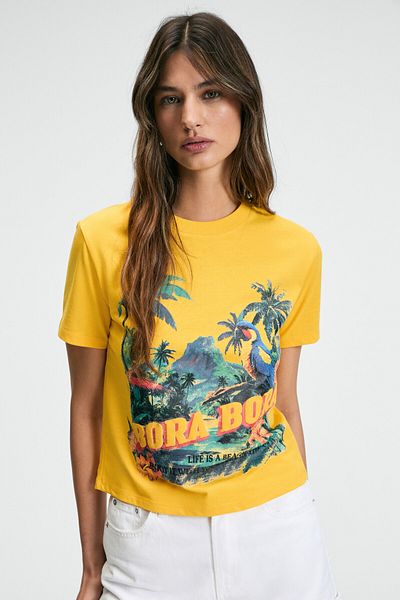 GRIMELANGE Melvessa Women's 100% Cotton Print Detailed Regular Fit Crew Neck Yellow T-Shirt
