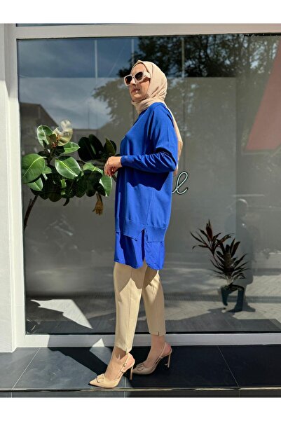 Invee Saks Blue Chiffon Bottom Knitwear Women's Tunic