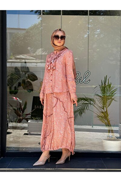 MissWhence Ροζ λινό μεταξωτό γυναικείο κοντό πουκάμισο - με λεπτομέρεια με βολάν και σχέδιο