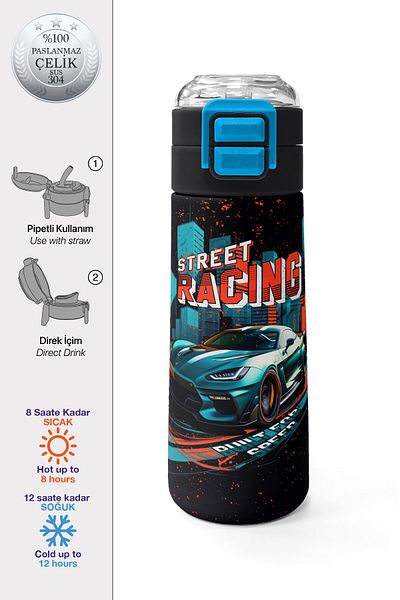 Coral High Kids Nefti Race Car Patterned Steel Thermos with Straw and Direct Drinking 500 ml 31966