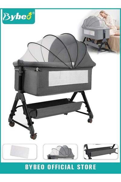 BYBEO سرير أطفال قابل للطي، مكون من 4 قطع، مع ناموسية، ومرتبة، ومكان لتغيير ا...