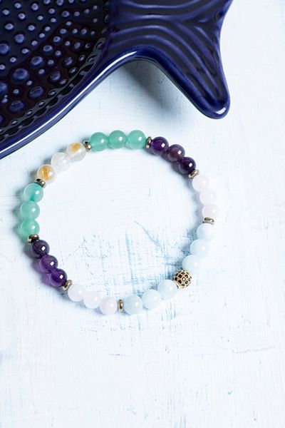 Deniz Doğal Taş Certified Aquamarine Moonstone Amethyst Aventurine Citrine Aries Bracelet