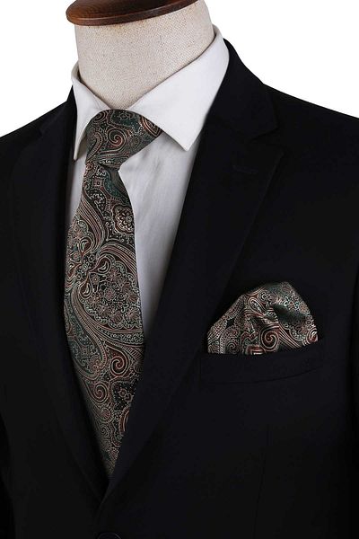 Kravatkolik Classic Tie with Green Paisley Pattern Handkerchief Kk13120