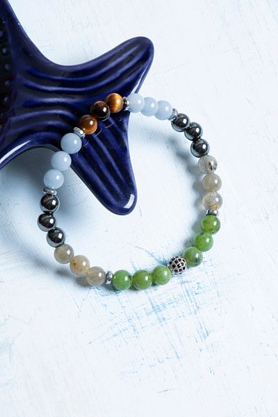 Deniz Doğal Taş Certified Tiger's Eye, Hematite, Jade, Labradorite and Aquamarine Aquarius Bracelet