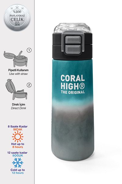 Coral High Kids Nefti Gray Color Transition Patterned Straw and Direct Drinking Steel Thermos 500 ml 31969