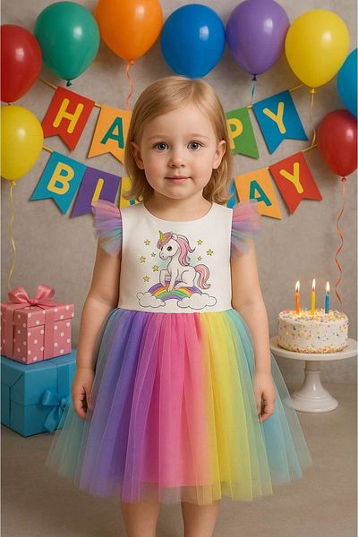 falcomini Girl's Unicorn Printed Tulle Dress 1/9 Years