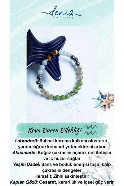 Deniz Doğal Taş Certified Tiger's Eye, Hematite, Jade, Labradorite and Aquamarine Aquarius Bracelet